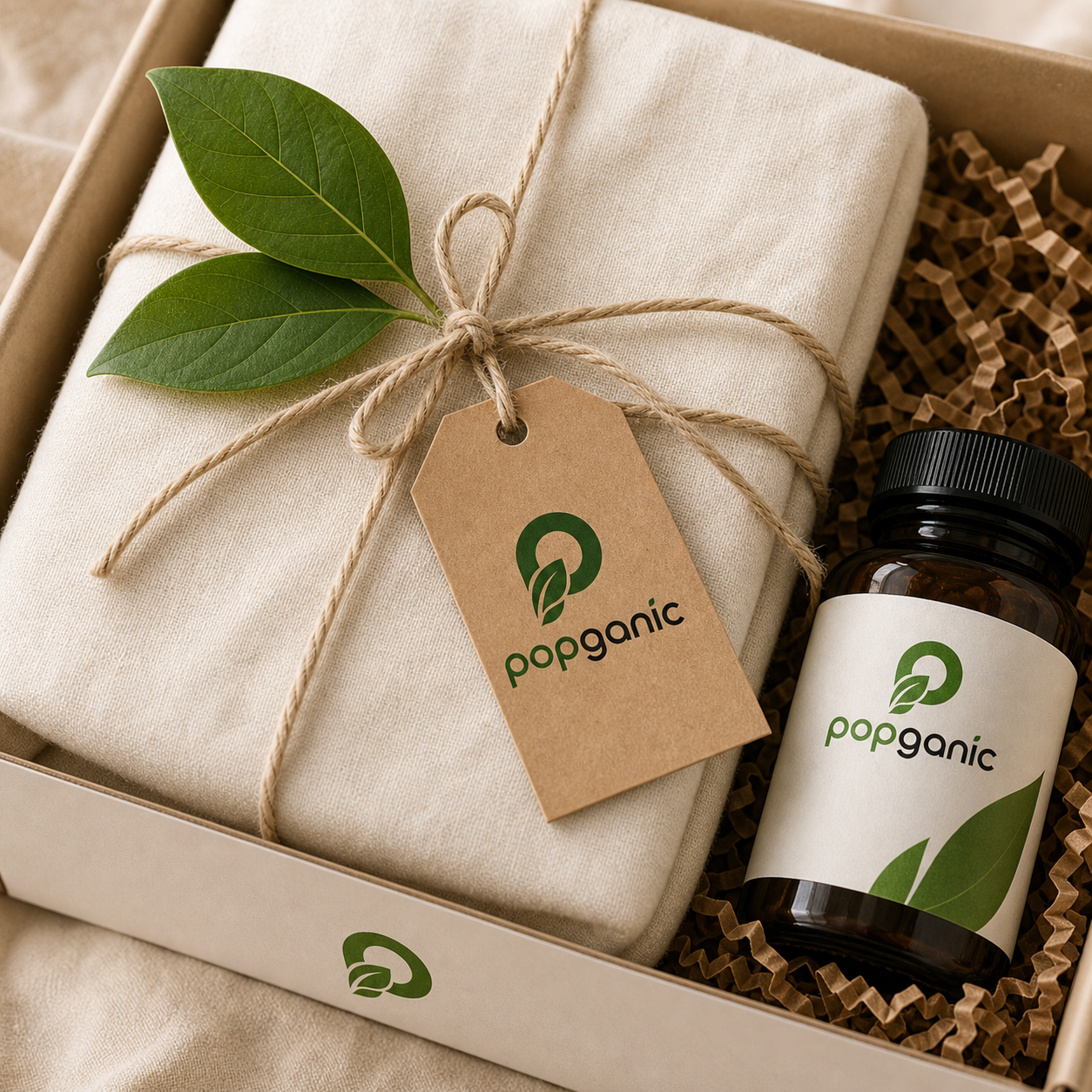 Popganic gift box packaging with fabric wrap, kraft tag, leaf, and amber bottle