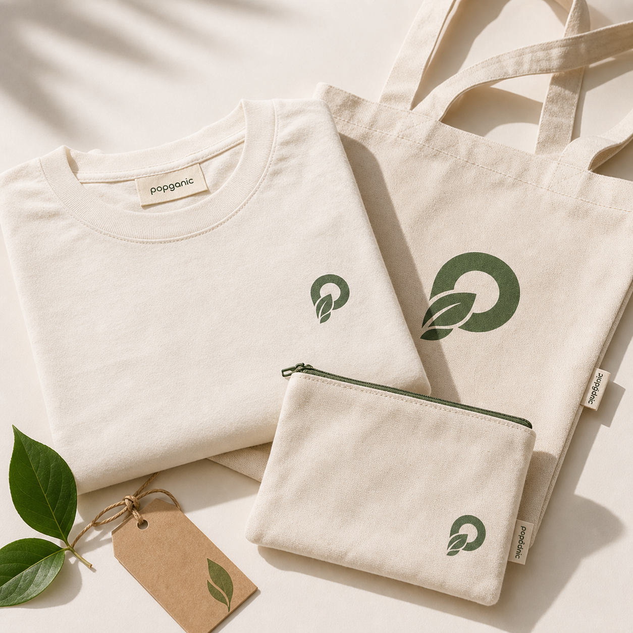 Popganic branded clothes and accessories with natural cotton and green tags