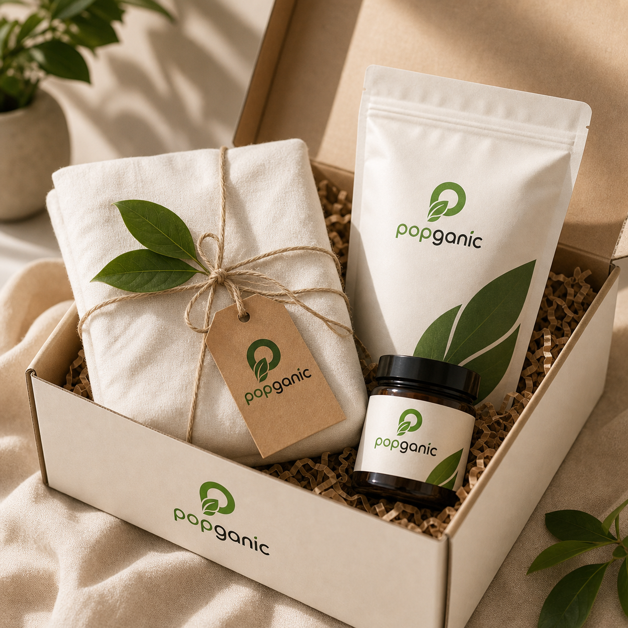 Popganic branded gift pack with fabric wrap and kraft tag