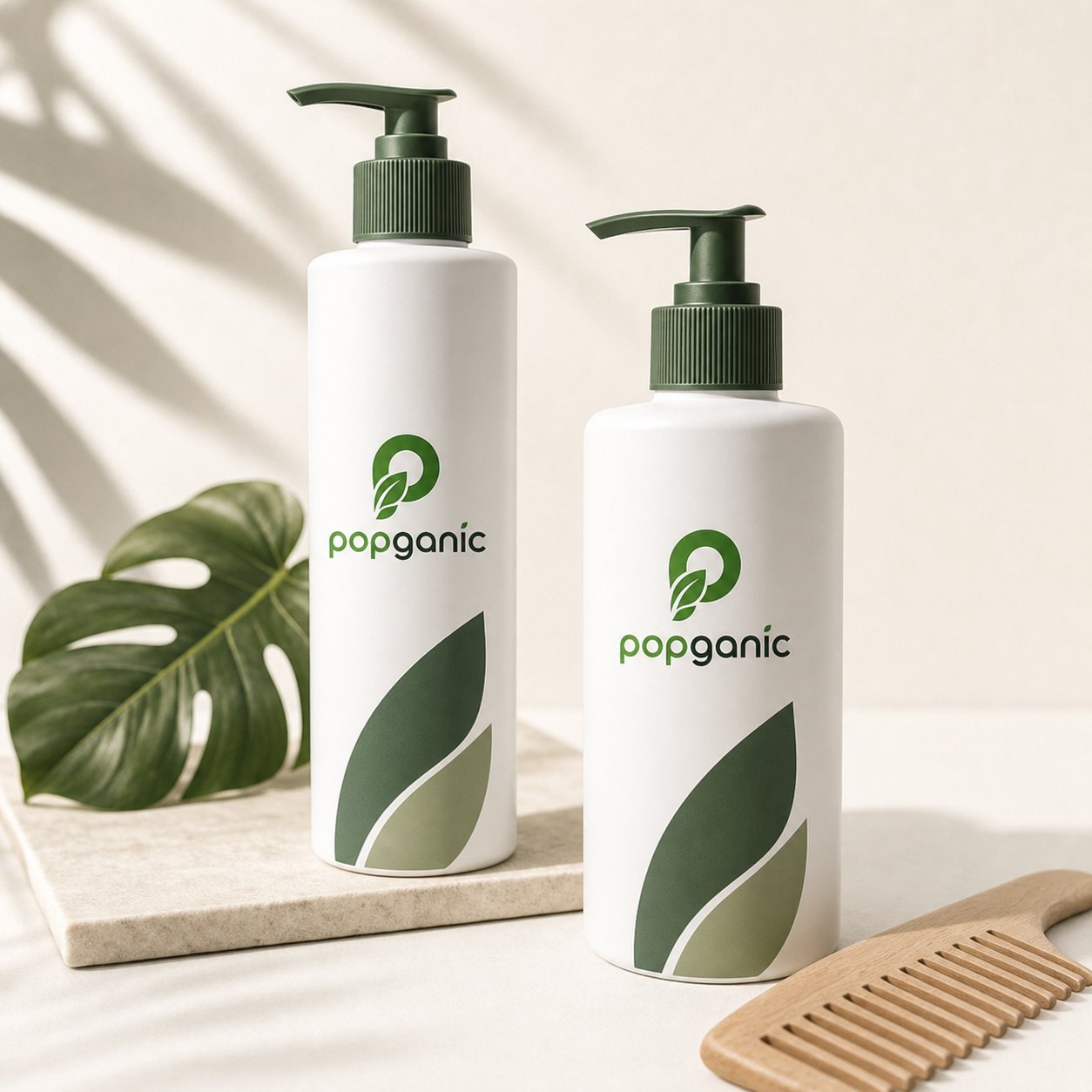 Popganic branded hair care bottles with green accents