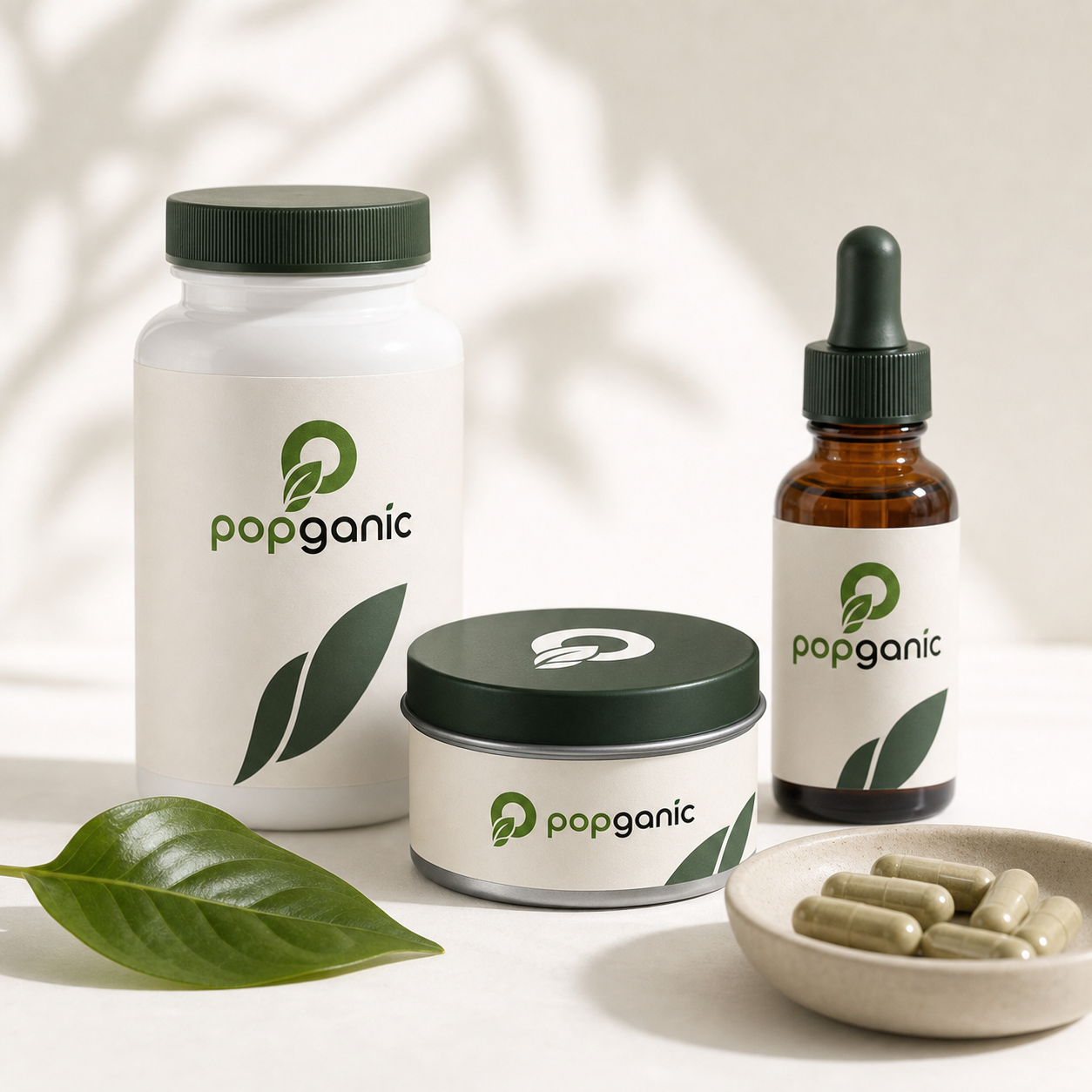 Popganic branded health and wellness bottles and tins