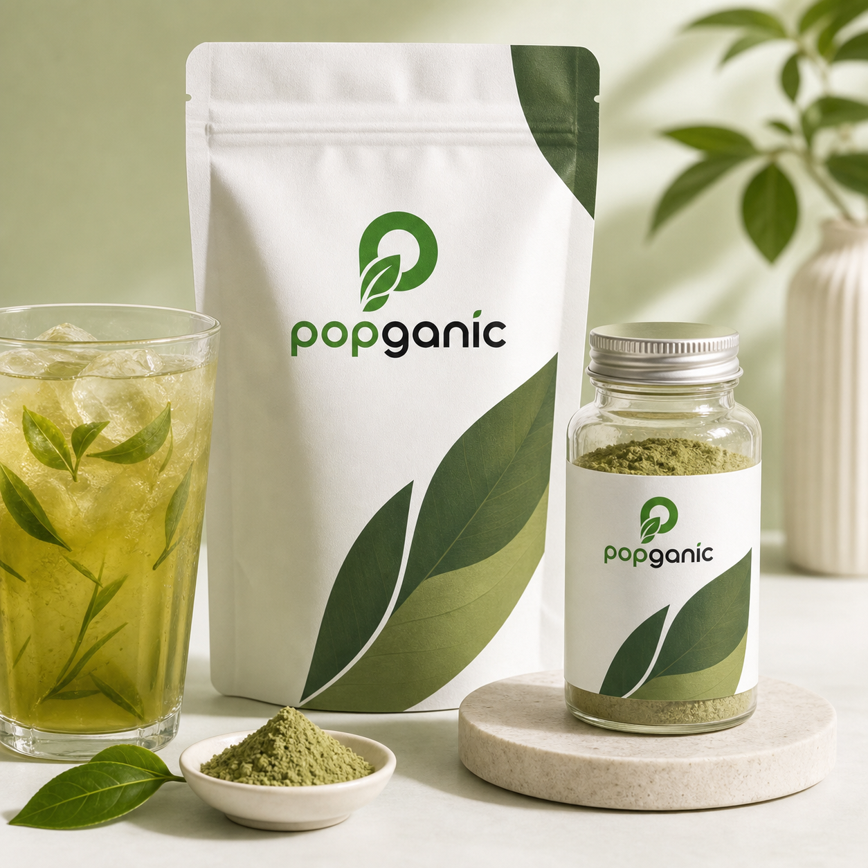 Popganic branded tea and drinks packaging with iced green tea